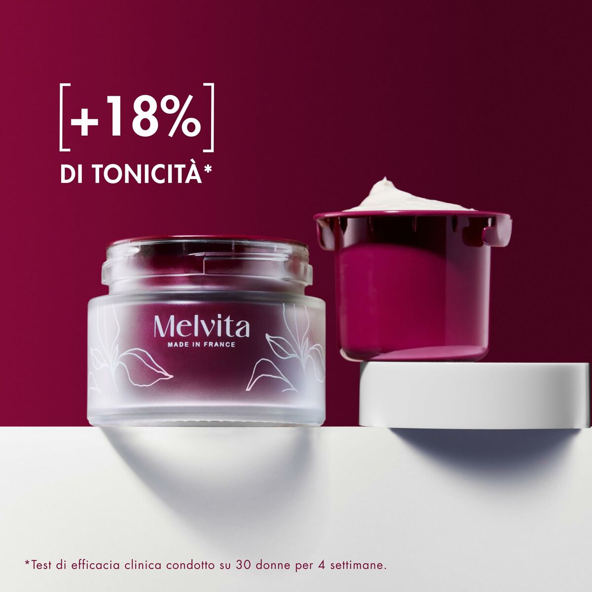 Crème visage Melvita ARGÁN BIO showcasing jar and cream with text highlighting skin tonicity improvement.