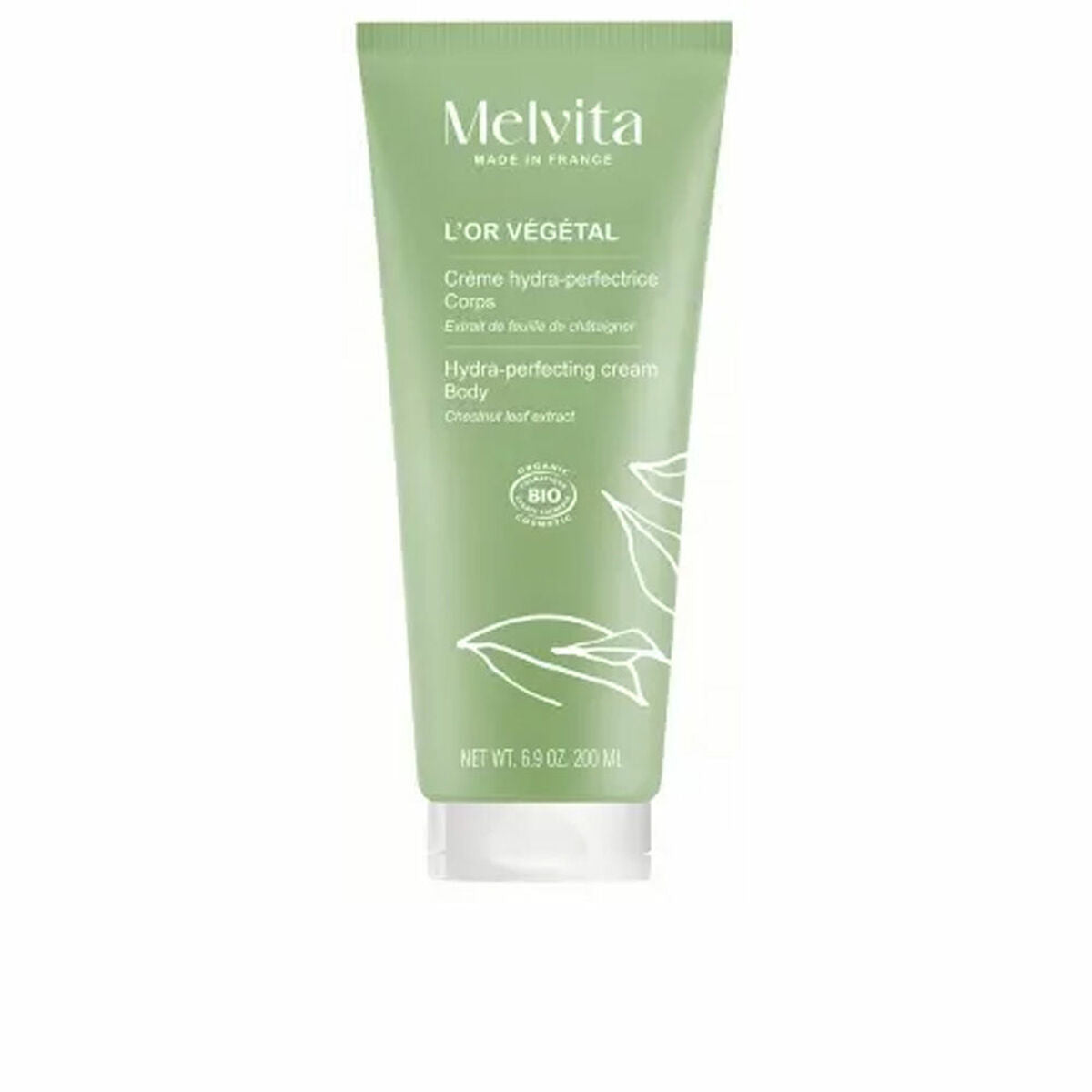 Lotion corporelle Melvita L'OR VÉGÉTAL, crème hydra-perfectricienne pour le corps, avec extrait de feuille d'ortie.