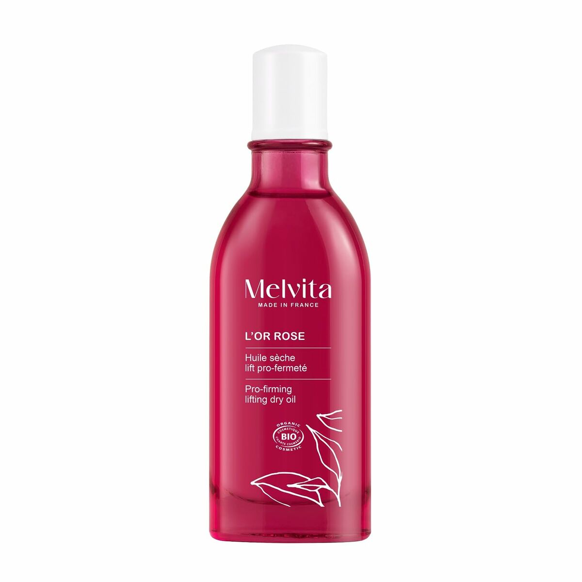 Flacon de l'huile sèche Melvita L'OR ROSE, un soin bio lifting pour une peau douce et ferme.