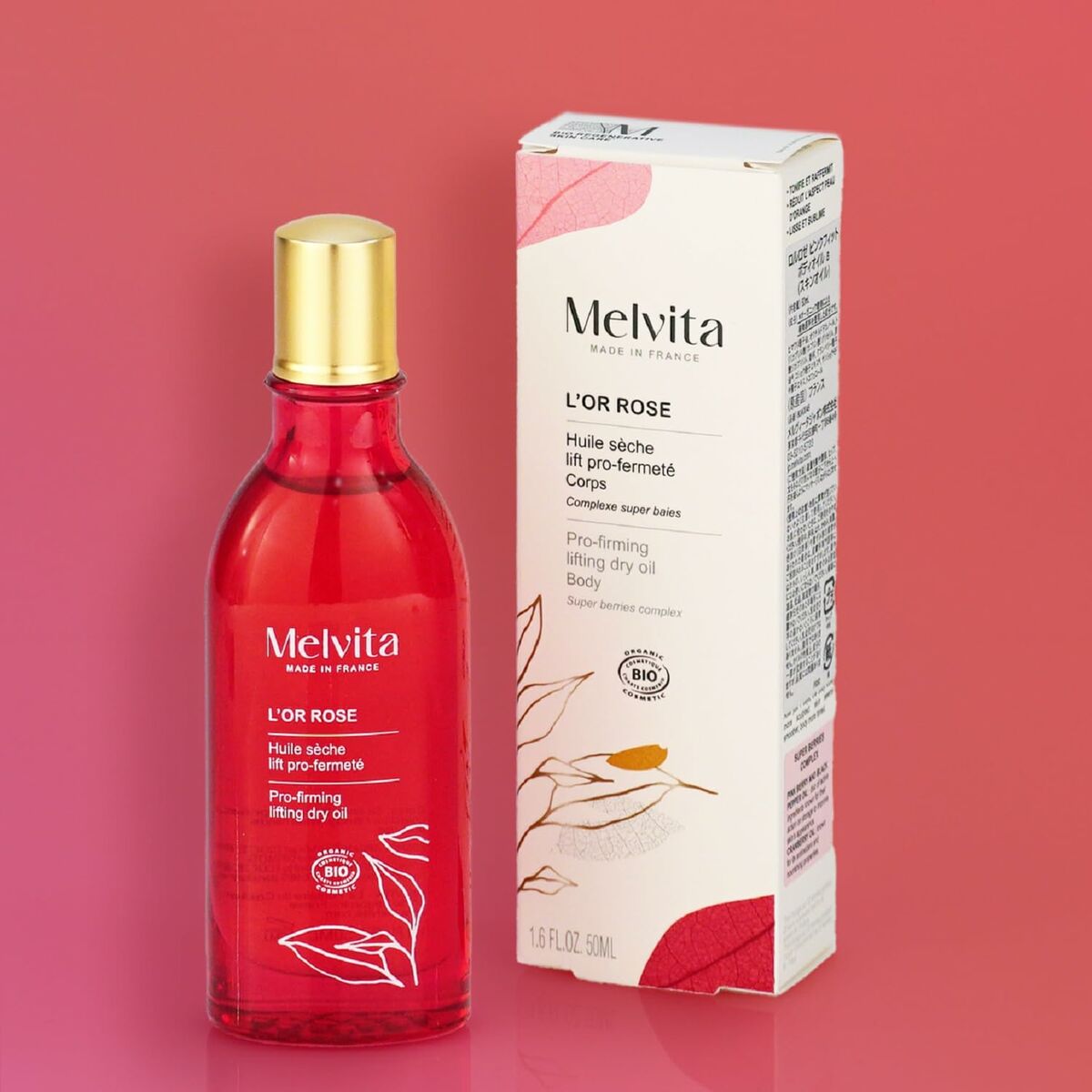 Melvita L'OR ROSE body oil packaging with pump bottle, featuring pro-firming benefits for dry skin.