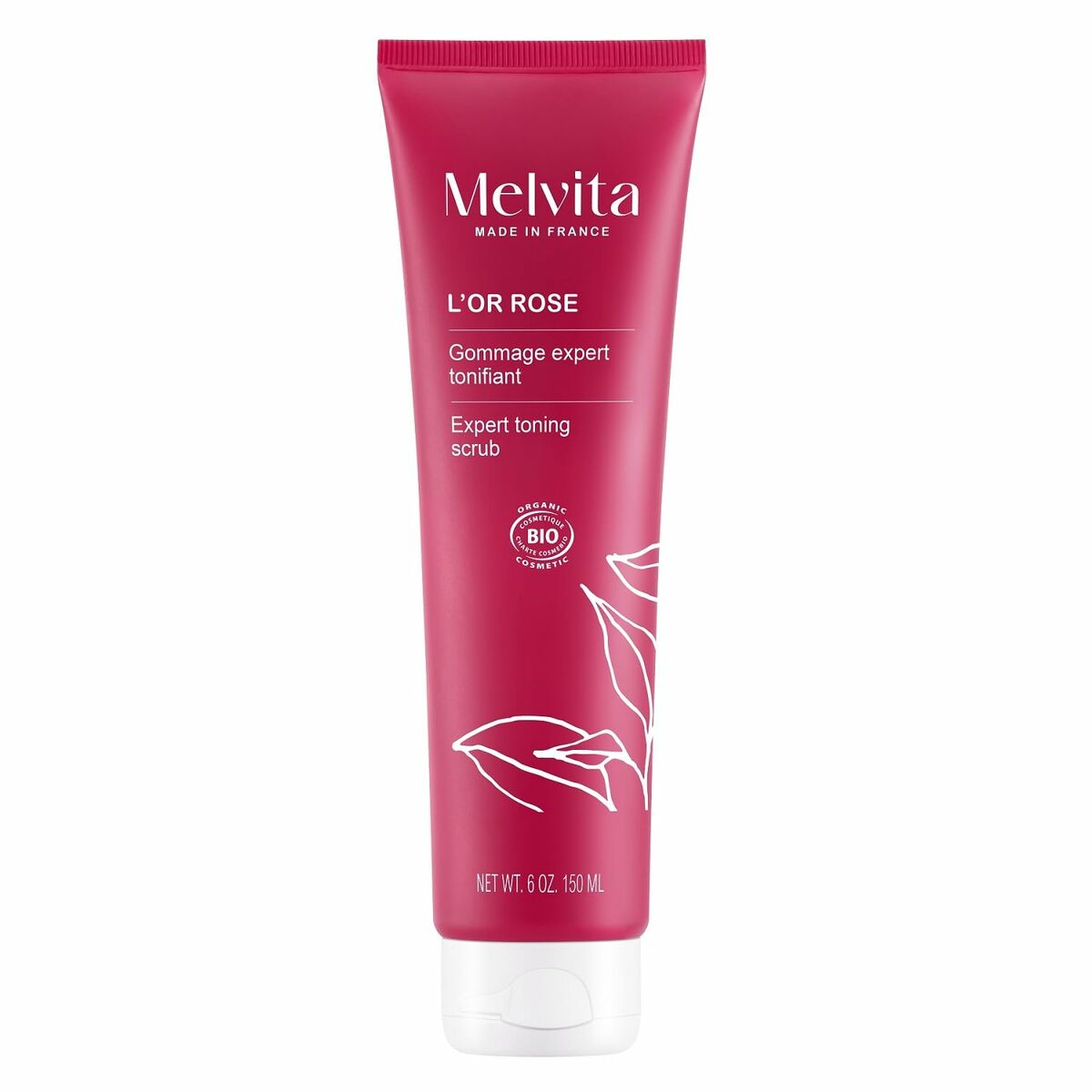 Melvita L'OR ROSE expert toning scrub tube in pink, 150ml, made in France.