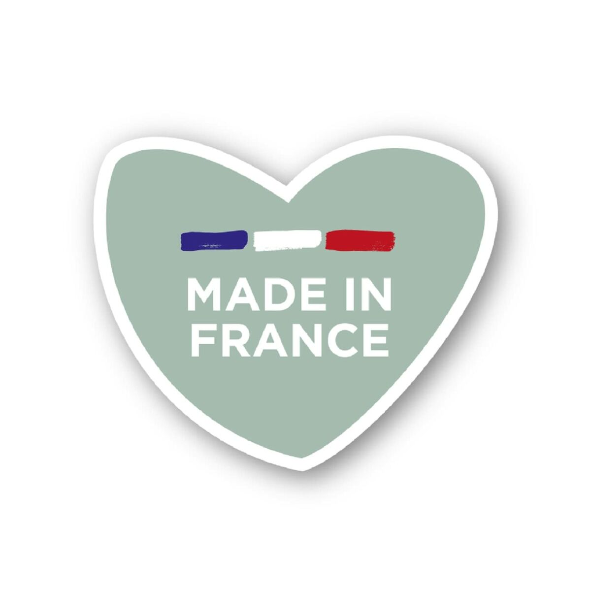 Heart-shaped sticker with the text 'Made in France' in blue, white, and red colors.