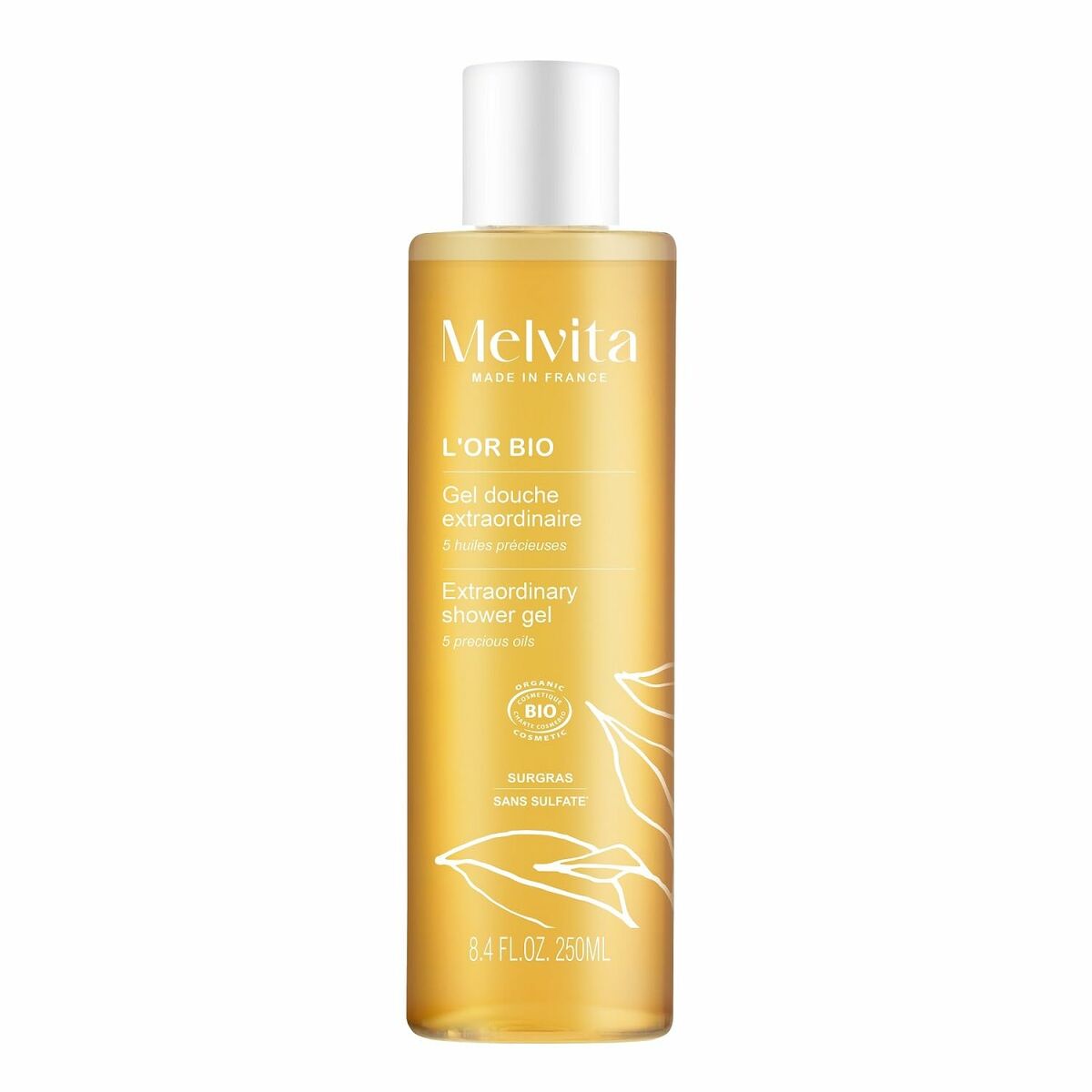 Melvita L'OR BIO extraordinary shower gel in a transparent bottle, 250 ml, sulfate-free, suitable for all skin types.