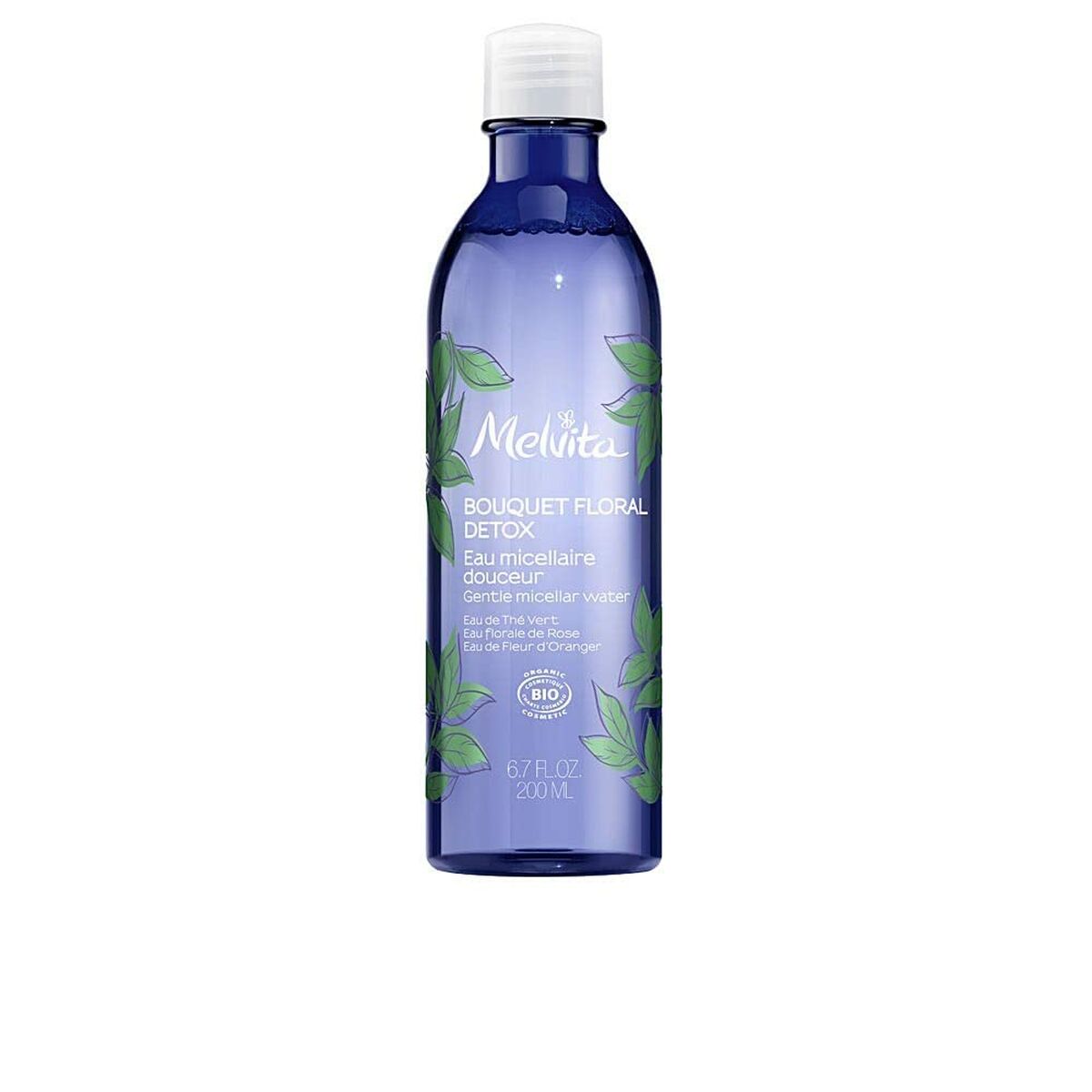 Gel nettoyant visage Melvita BOUQUET FLORAL DETOX in a blue bottle, ideal for gentle cleansing.