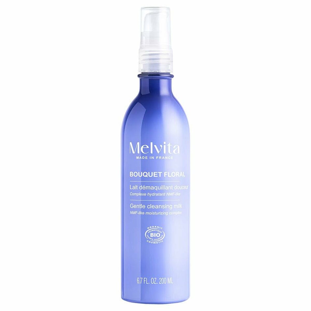 Démaquillant visage Melvita BOUQUET FLORAL DETOX, lait démaquillant doux, 200ml, bio, hydratation et nettoyage.