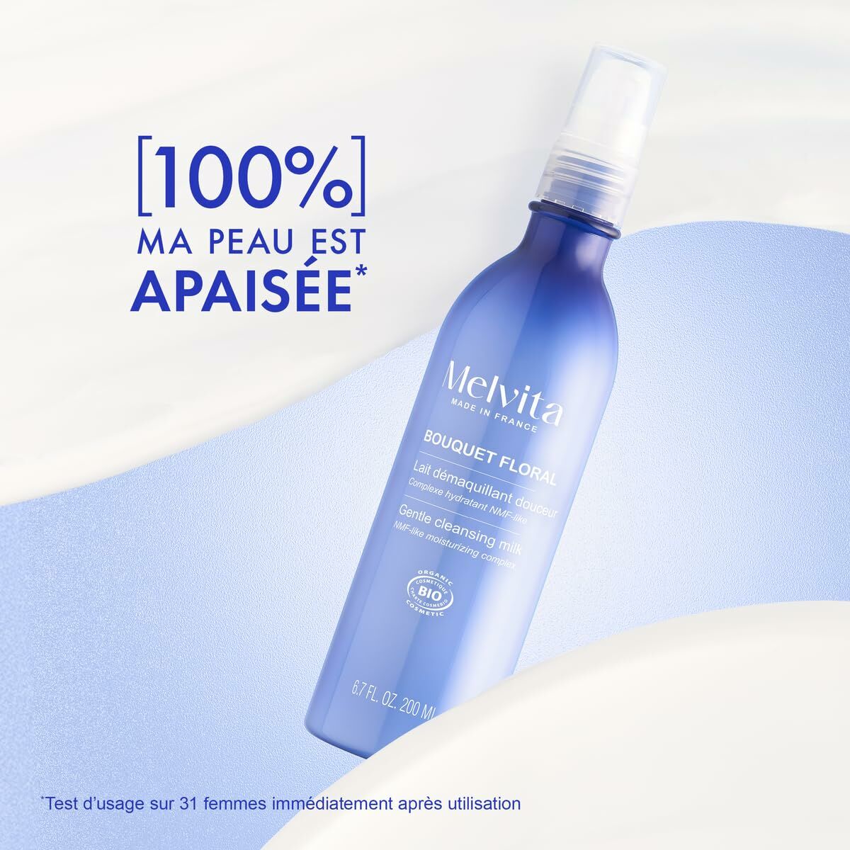 Démaquillant visage Melvita BOUQUET FLORAL DETOX, lait démaquillant apaisant bio en flacon bleu de 200ml.