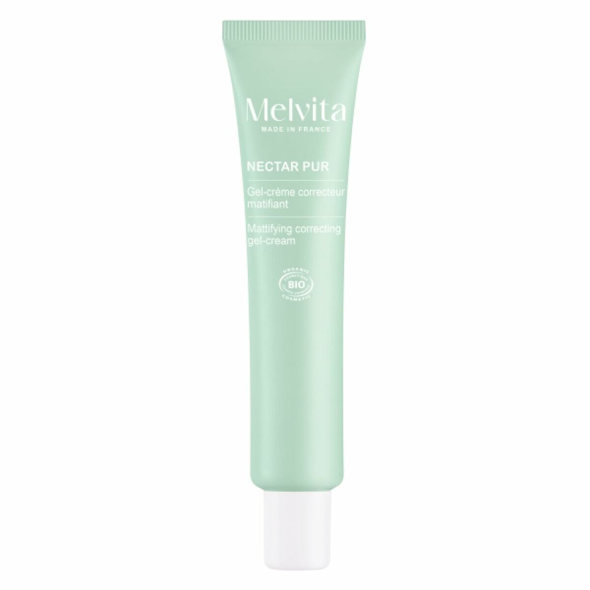 Crème visage Melvita NECTAR PUR, gel-crème correcteur matifiant bio en tube vert, Made in France.