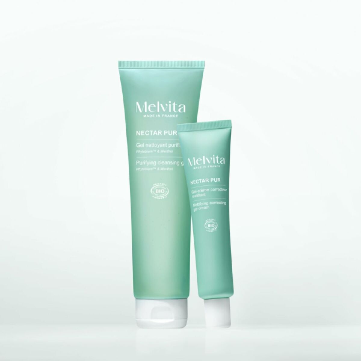 Melvita NECTAR PUR purifying cleansing gel in two sizes, eco-friendly skincare for a fresh complexion.