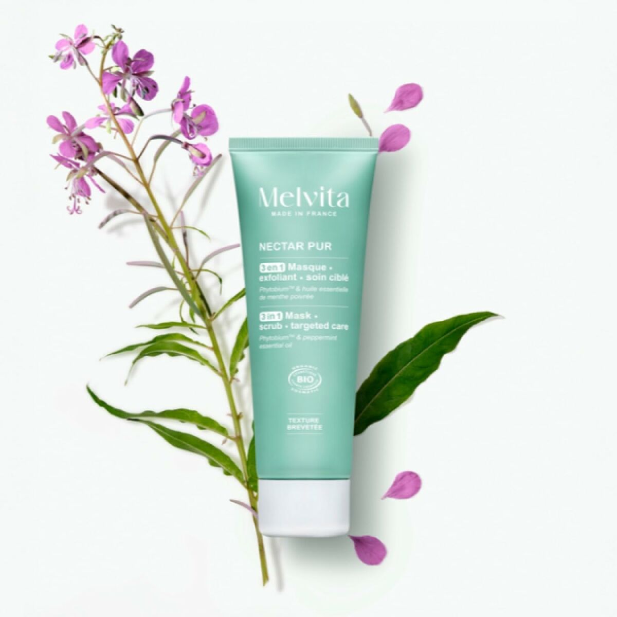 Gel nettoyant visage Melvita NECTAR PUR in eco-friendly packaging with floral elements.
