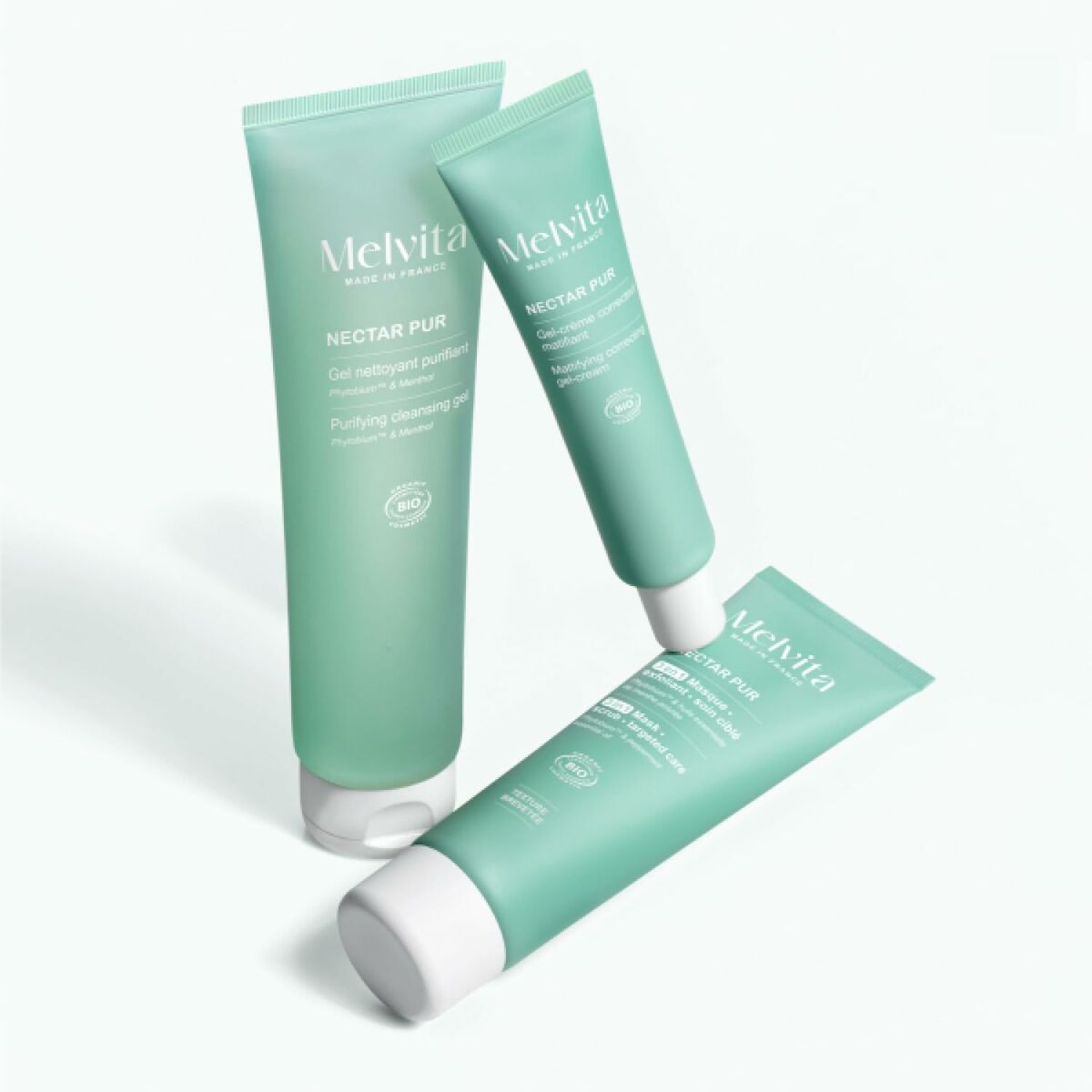 Gel nettoyant visage Melvita NECTAR PUR in green packaging, ideal for purifying skin and cleansing.