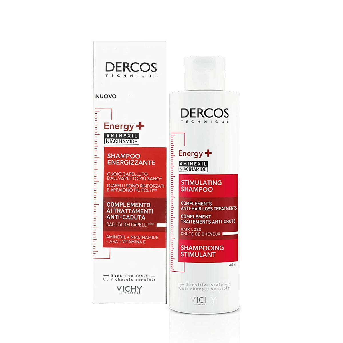 Bottle of Dercos Vichy Dercos Energy+ Stimulating Shampoo for hair loss, 200 ml, designed for thinning hair.