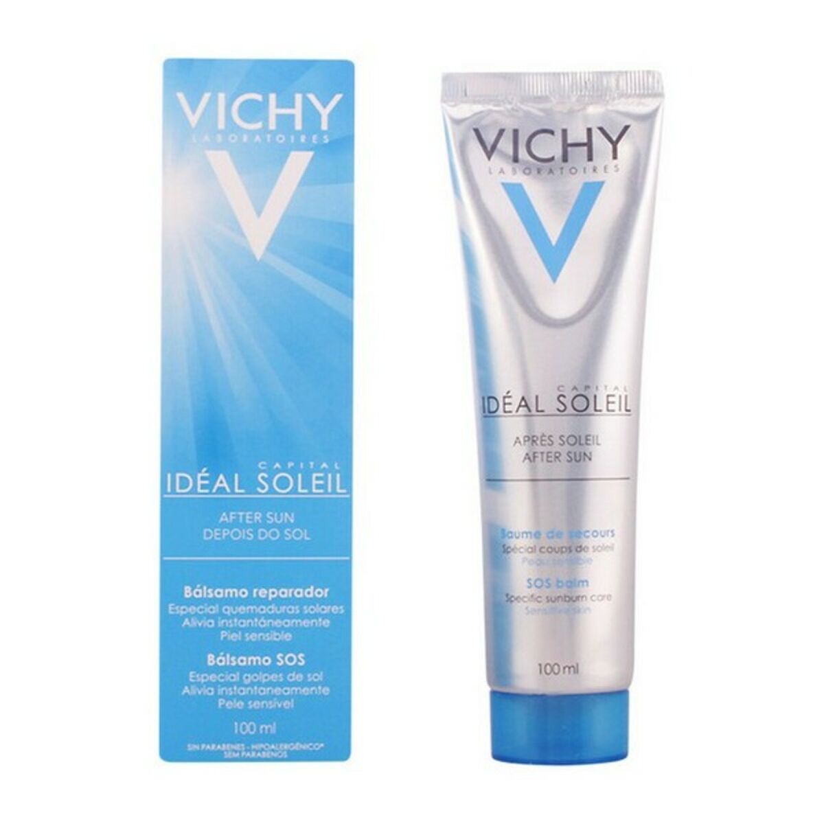 AfterSun Vichy 2525106 Baume tube and packaging for after sun skin care, soothing and repairing for sun-exposed skin.