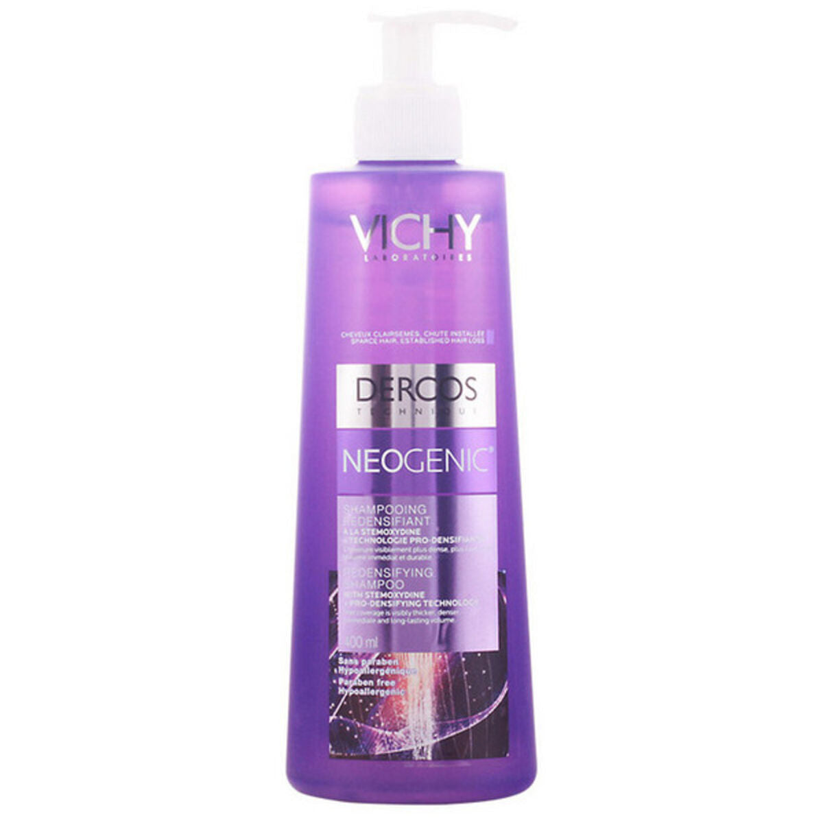 Dercos Neogenic revitalizing shampoo by Vichy in a purple bottle, designed for enhanced beauty and hair rejuvenation.