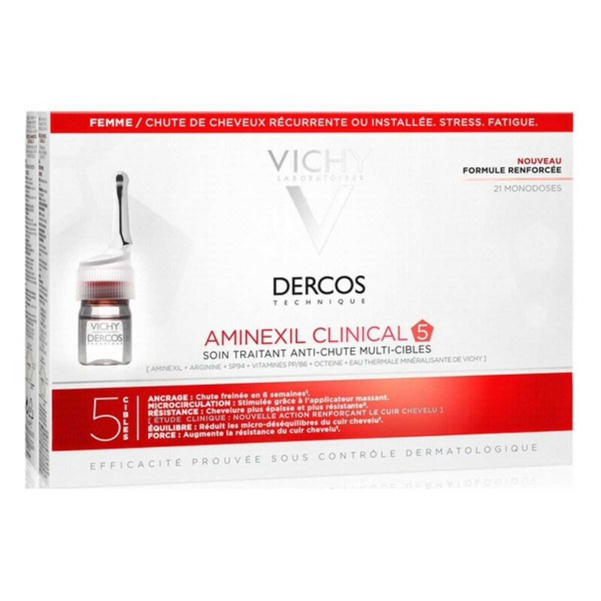 Soin antichute de cheveux Dercos Vichy, 21 monodoses de 6 ml, formule renforcée pour femmes.