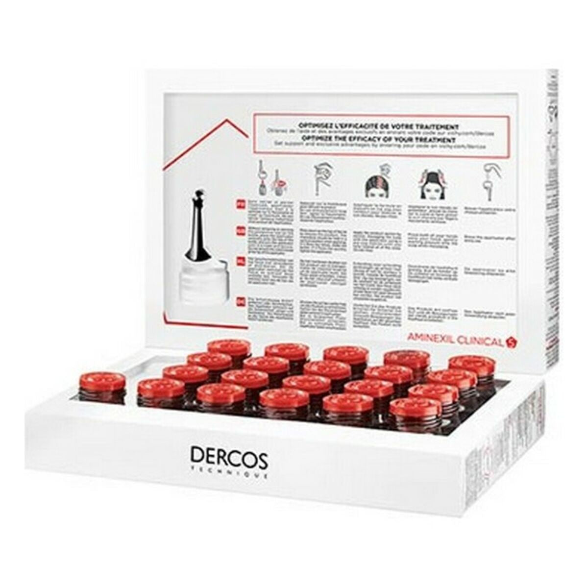 Dercos Vichy hair loss treatment boxes, featuring 21 monodoses of 6 ml, designed for effective hair care.