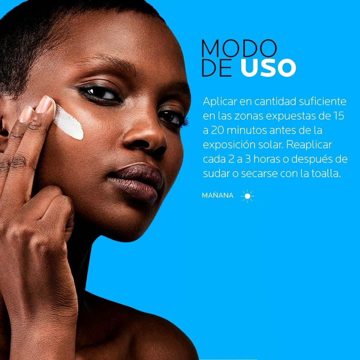 Modèle appliquant de la crème solaire sur son visage, montrant les conseils d'utilisation pour une protection solaire efficace.