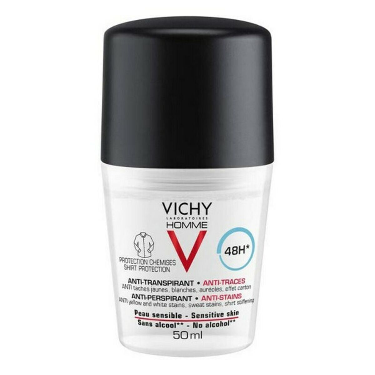 Déodorant Roll-On Vichy Homme 50 ml, anti-transpirant 48h, protection contre les taches, peau sensible.