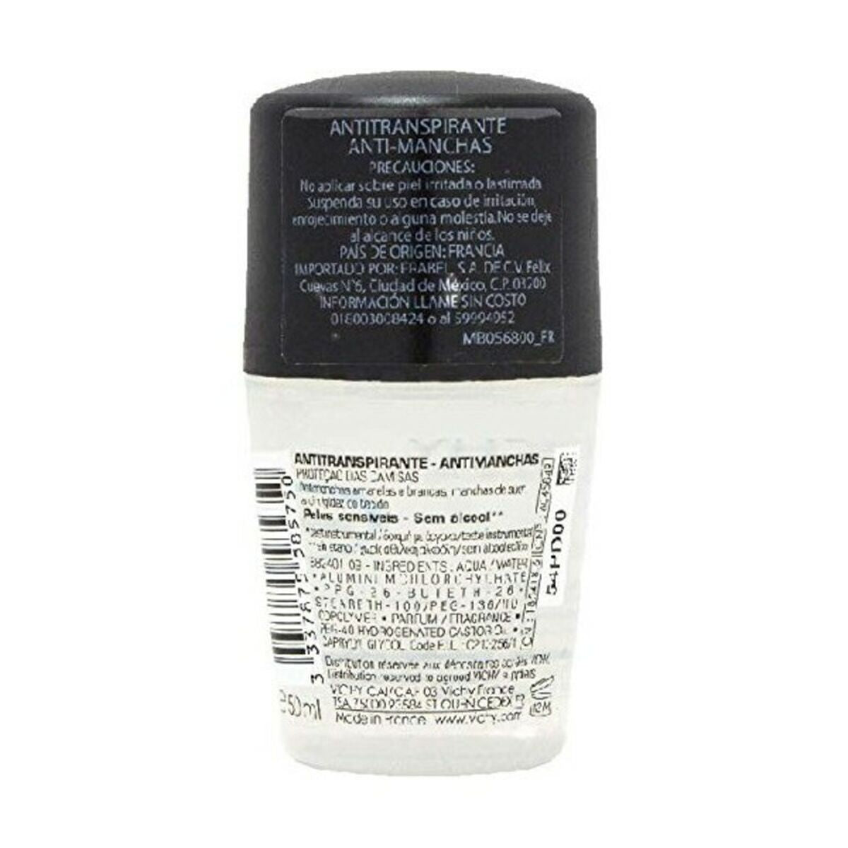 Vichy Homme Roll-On Deodorant 50ml with anti-transpirant and anti-stain features, back label details visible.