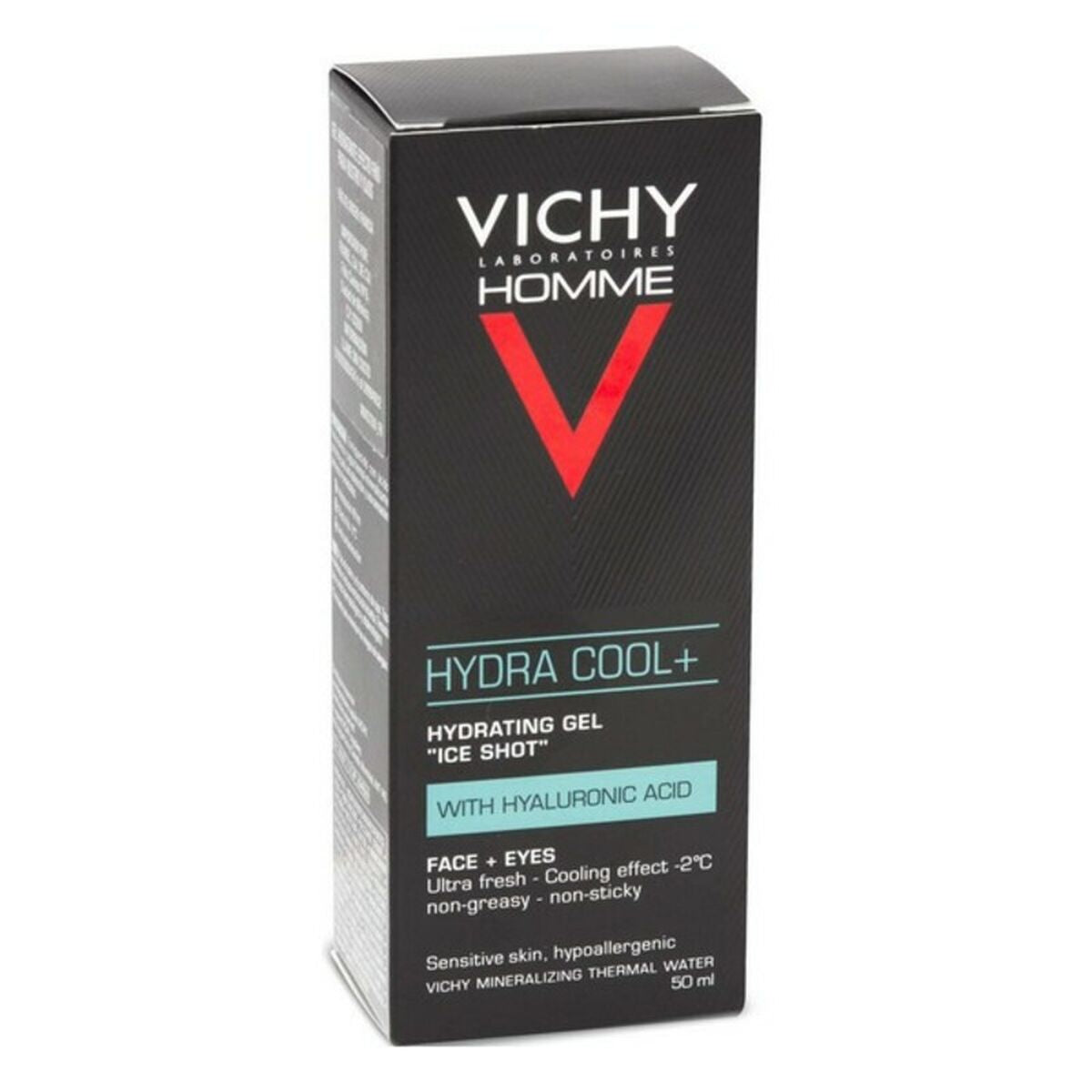 Vichy Homme Hydra Cool+ hydrating gel with hyaluronic acid for sensitive skin, 50ml packaging.