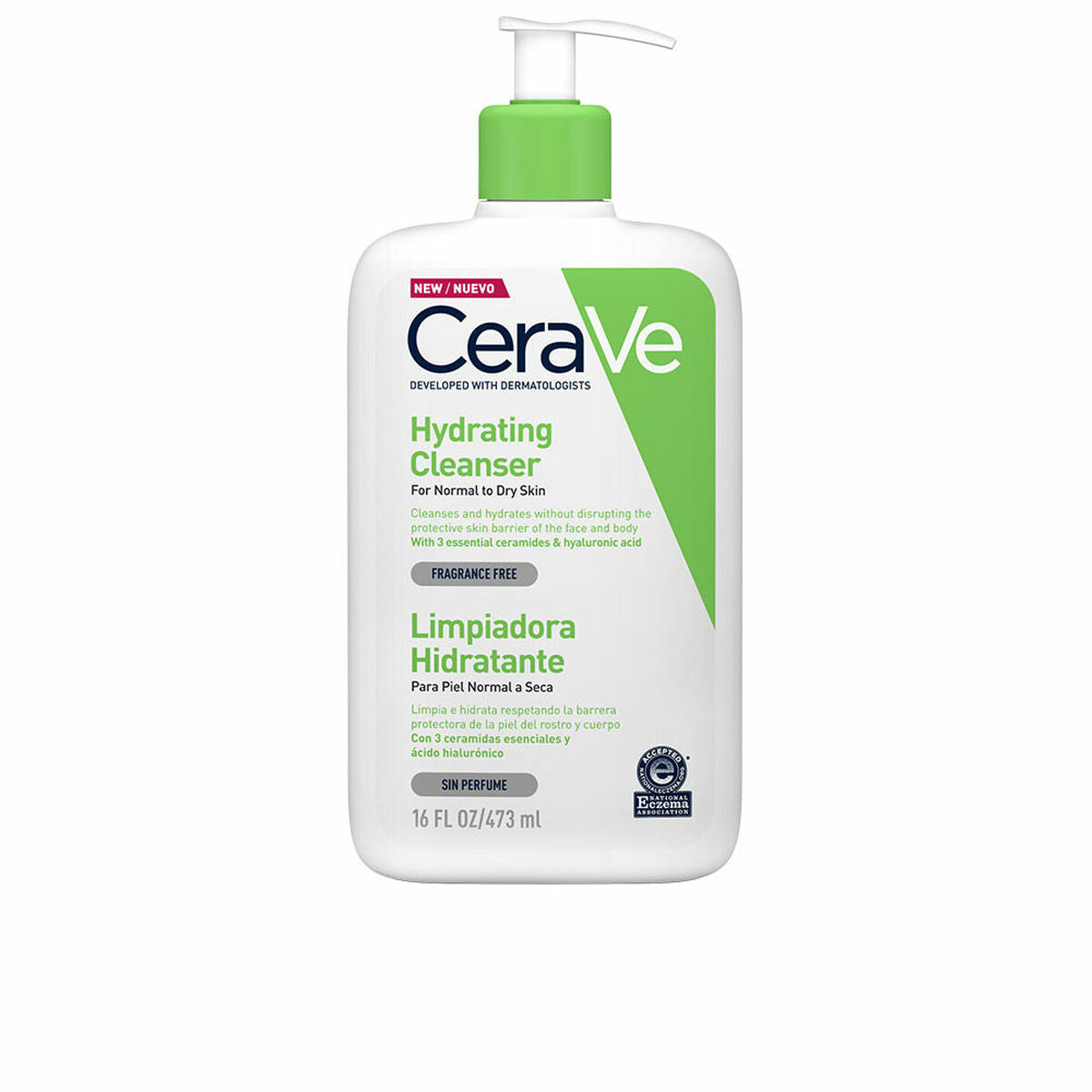 CeraVe hydrating cleanser 473 ml bottle, suitable for normal to dry skin, fragrance-free, hypoallergenic formula.