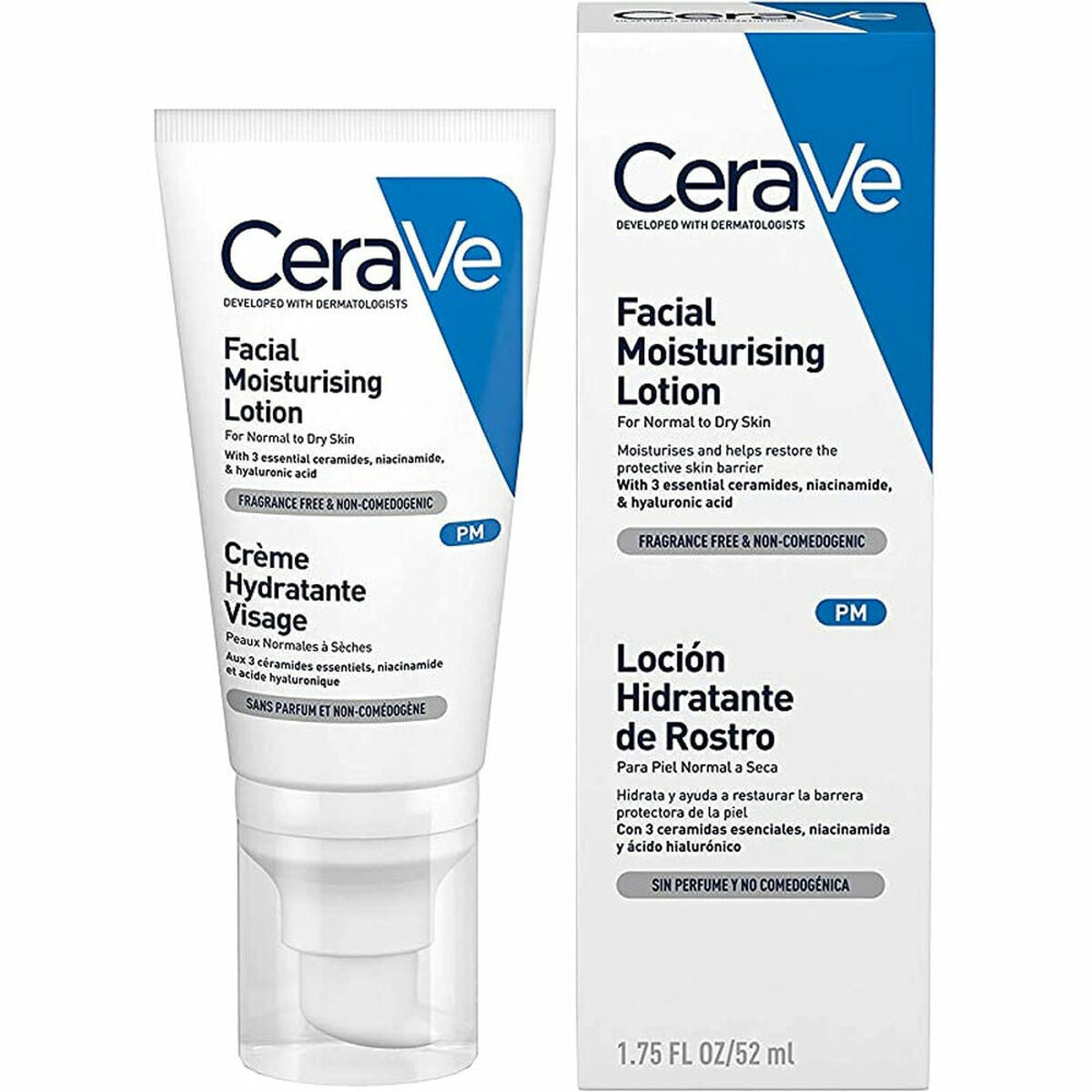 CeraVe Facial Moisturising Lotion MB097101 for normal to dry skin, 52ml, fragrance-free and non-comedogenic.