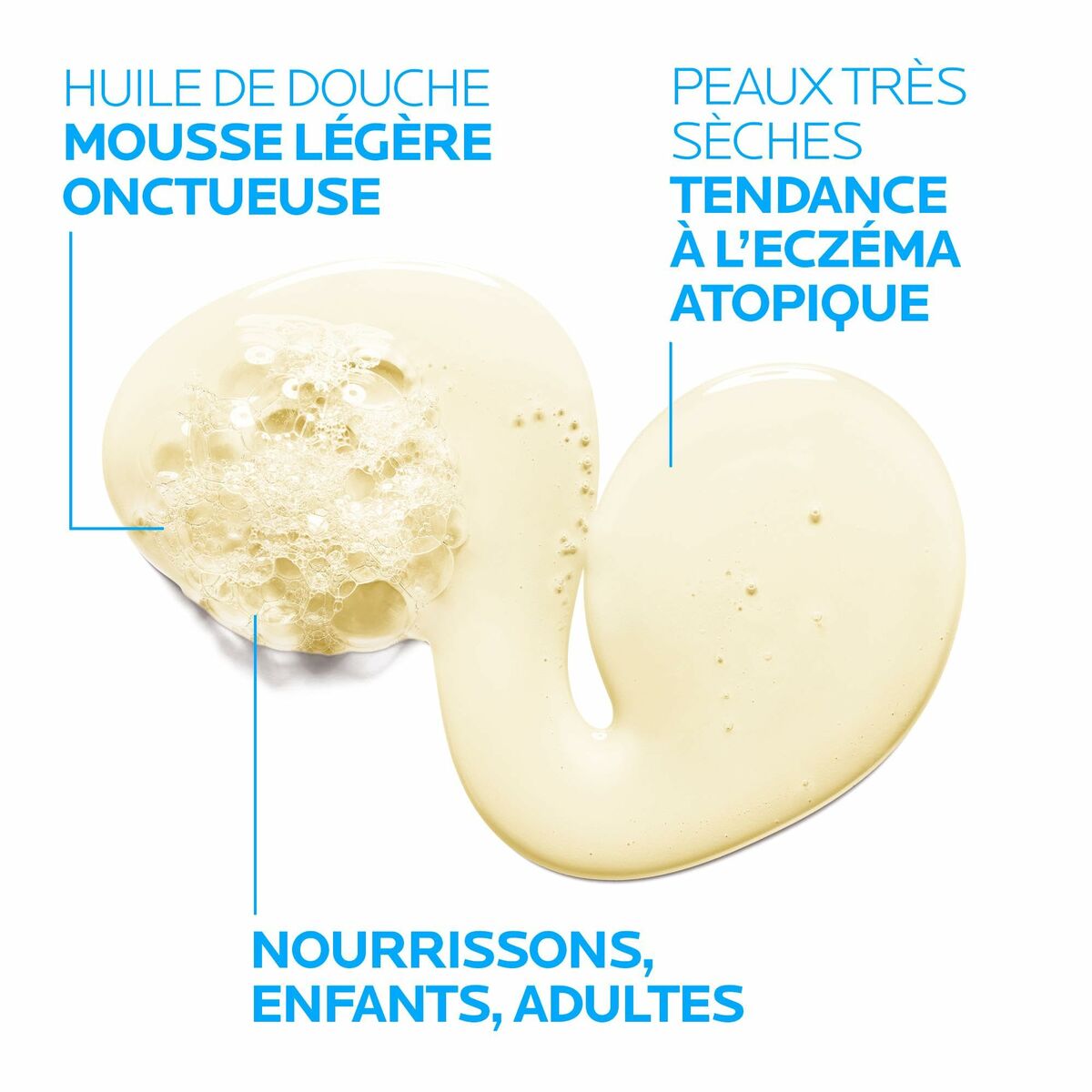 Huile de douche La Roche Posay, mousse légère et onctueuse pour peaux sèches et atopiques, adaptée à toute la famille.
