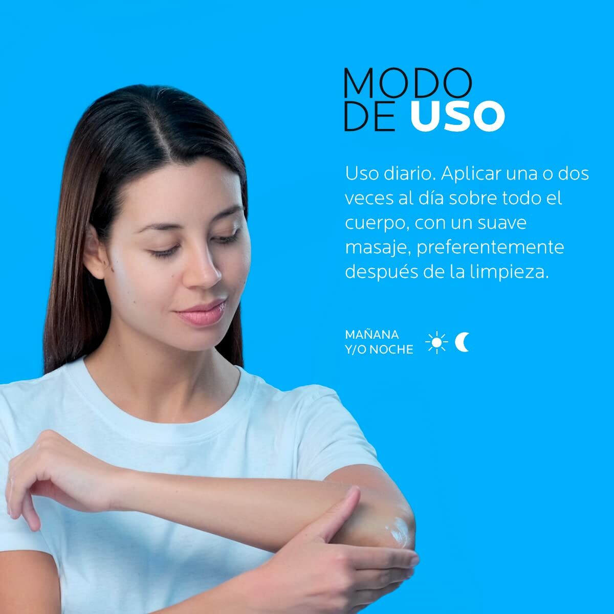 Femme appliquant une lotion hydratante sur son bras, démontrant le mode d'utilisation quotidien.