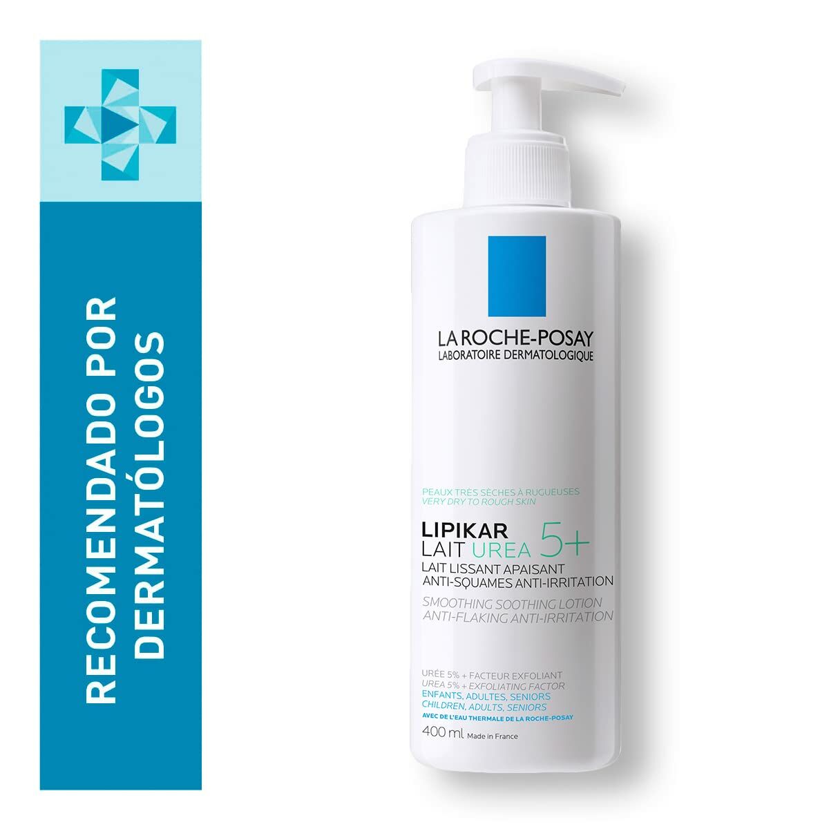 Lotion hydratante La Roche Posay Lipikar Urea 5+ 400 ml, apaisante et recommandée par dermatologues.