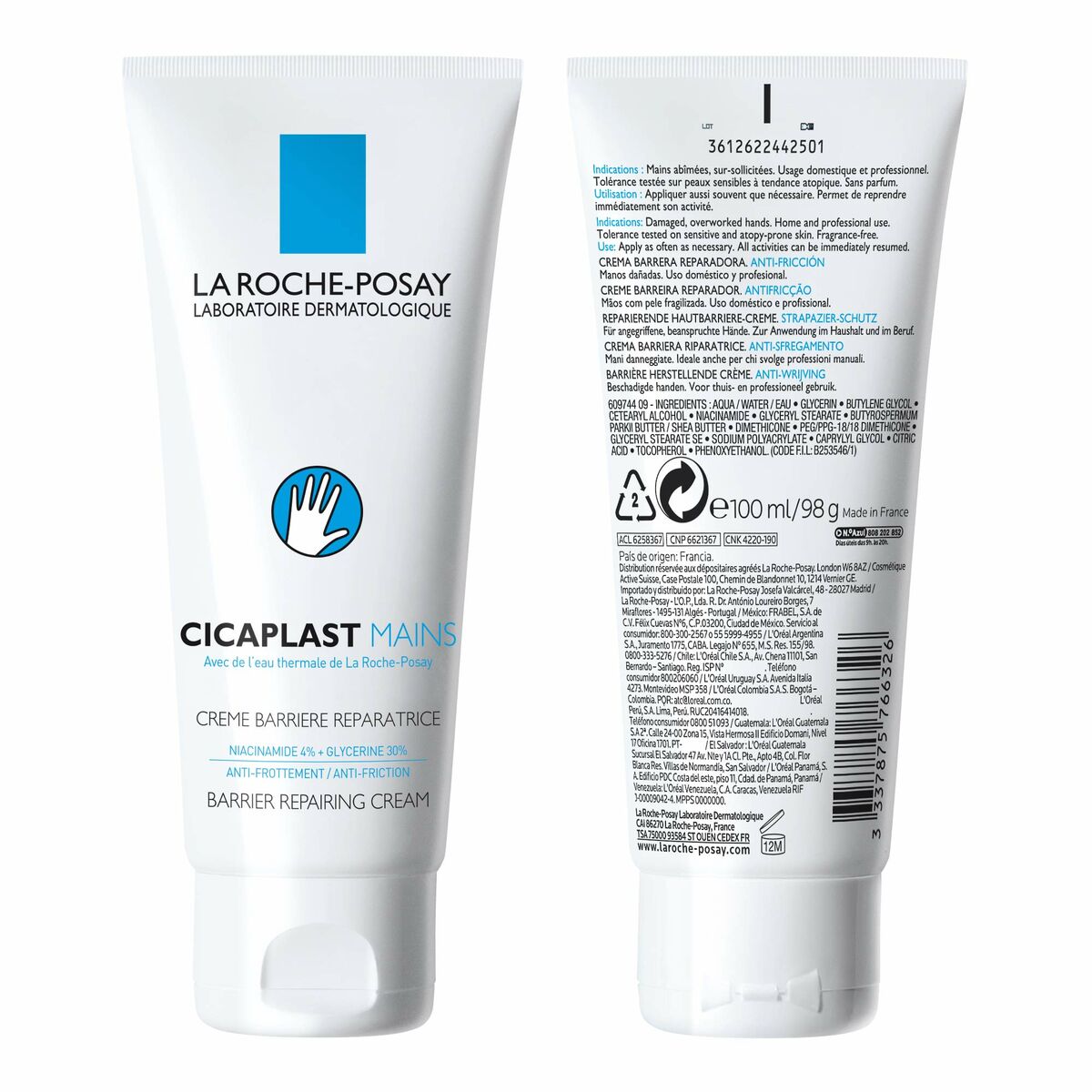 Lotion mains La Roche Posay Cicaplast 100 ml, crème réparatrice hypoallergénique pour mains sensibles.