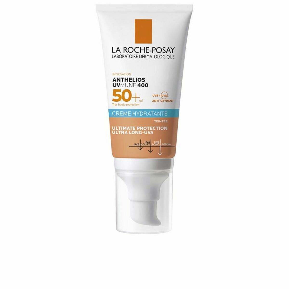 Crème solaire La Roche-Posay Anthelios Uvmune 50 ml, hydratante avec couleur, protection SPF 50+, format pratique.