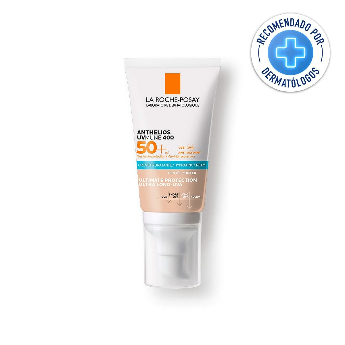Crème solaire La Roche-Posay Anthelios Uvmune 400 SPF 50+, protection hydratante recommandée par dermatologues.