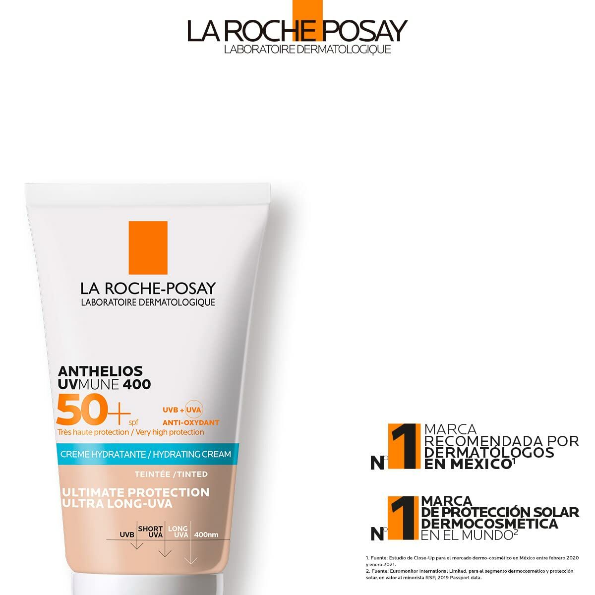Crème Solaire La Roche-Posay Anthelios Uvmune 50ml avec protection SPF 50 et teinte hydratante.
