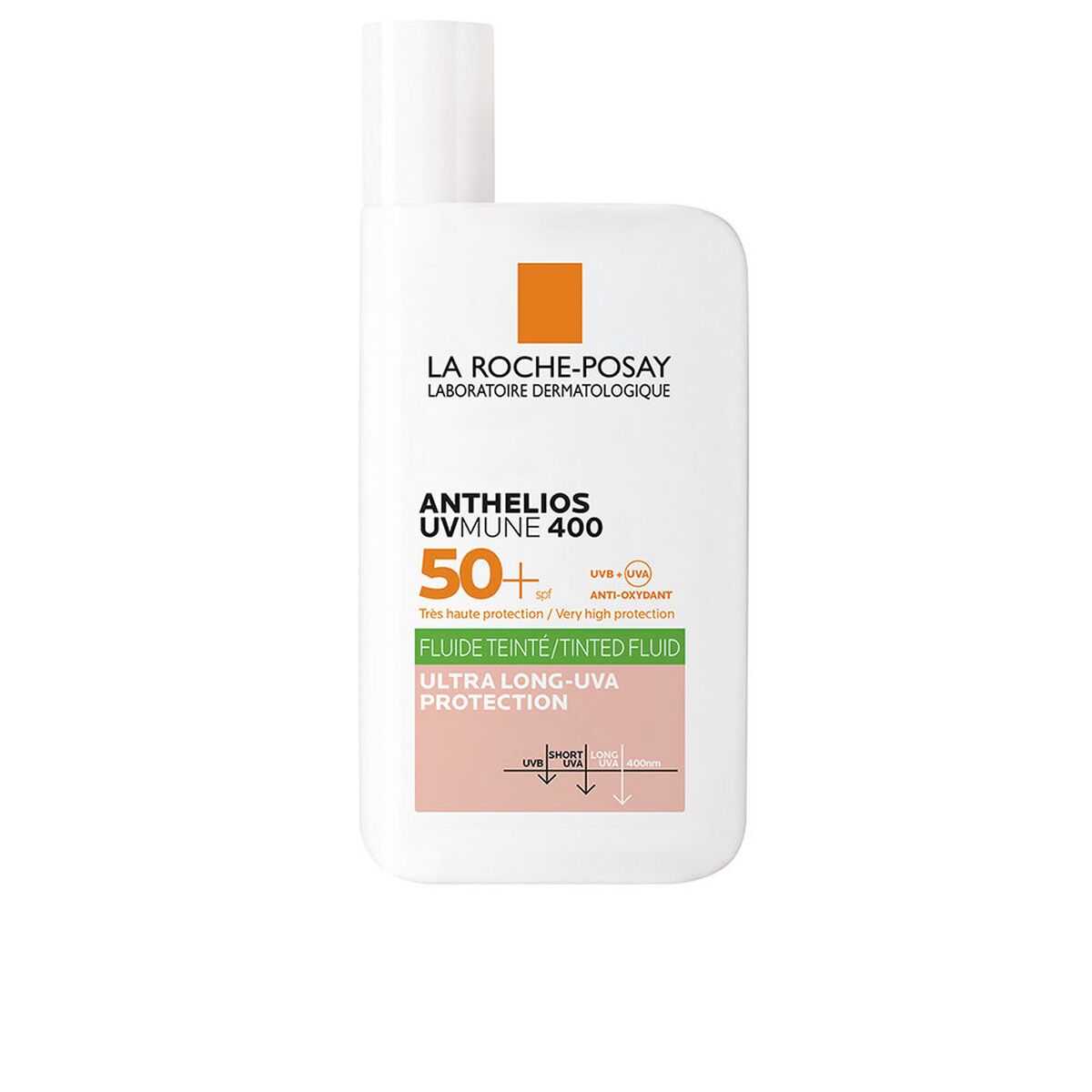 Protecteur Solaire La Roche Posay Anthelios UVMUNE 400, SPF 50+, fluide teinté, hypoallergénique, résistant à l'eau.