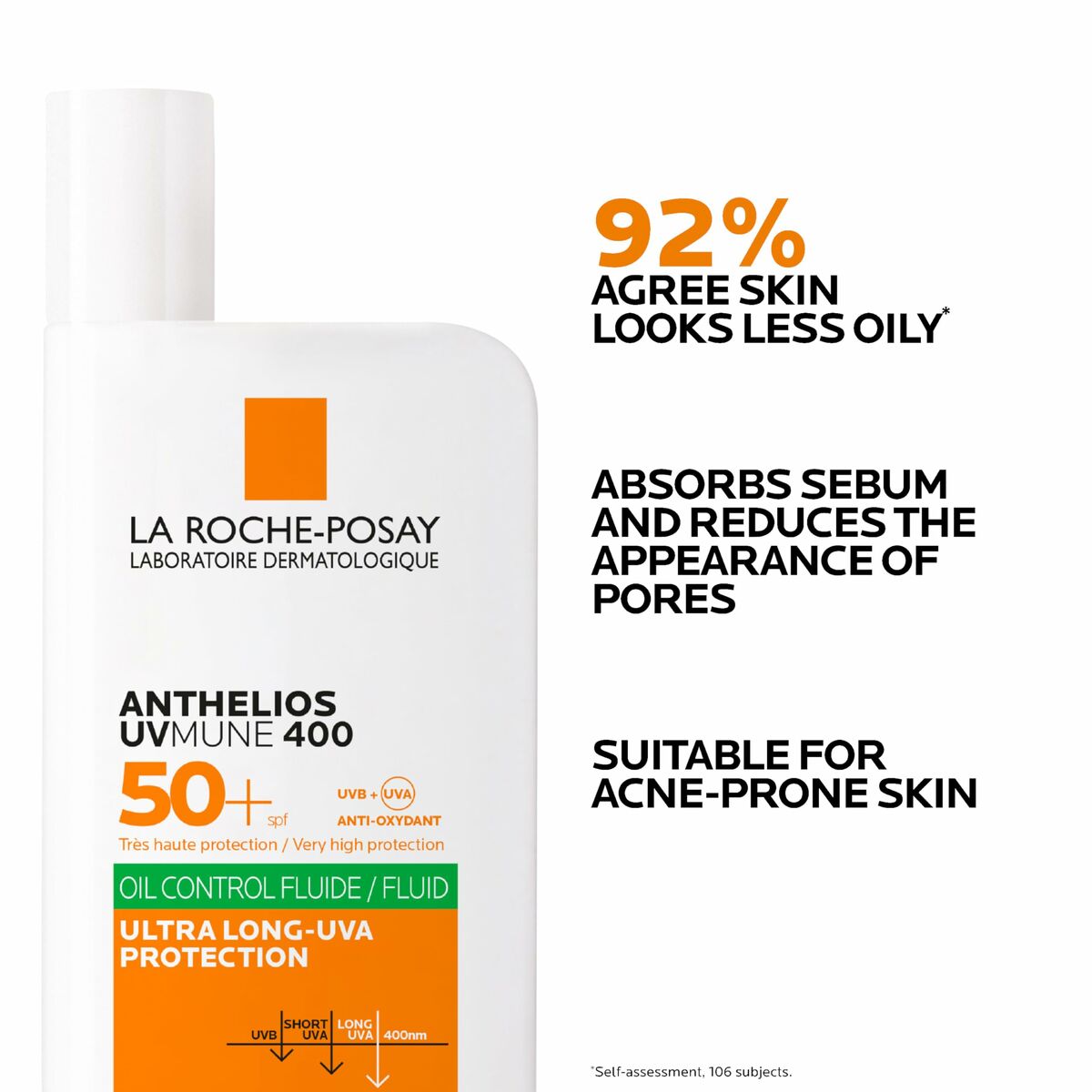 Protecteur solaire La Roche Posay Anthelios Mune SPF 50+ avec mention de contrôle de l'huile et adapté peau acnéique.