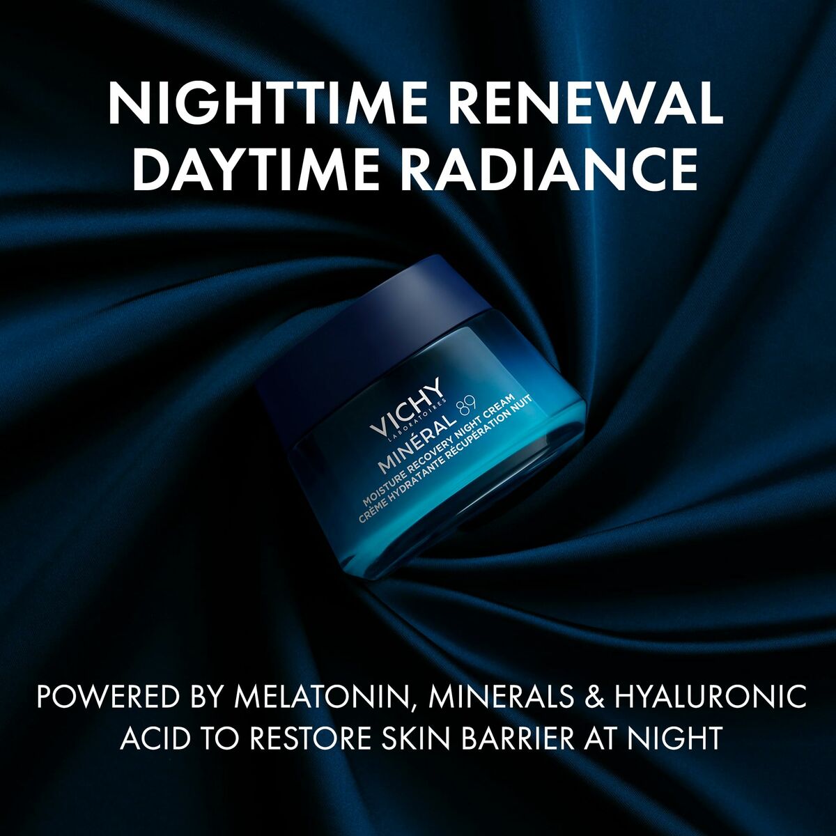 Crème visage Vichy MINÉRAL 89, un soin de nuit avec mélatonine et acide hyaluronique pour un teint éclatant.