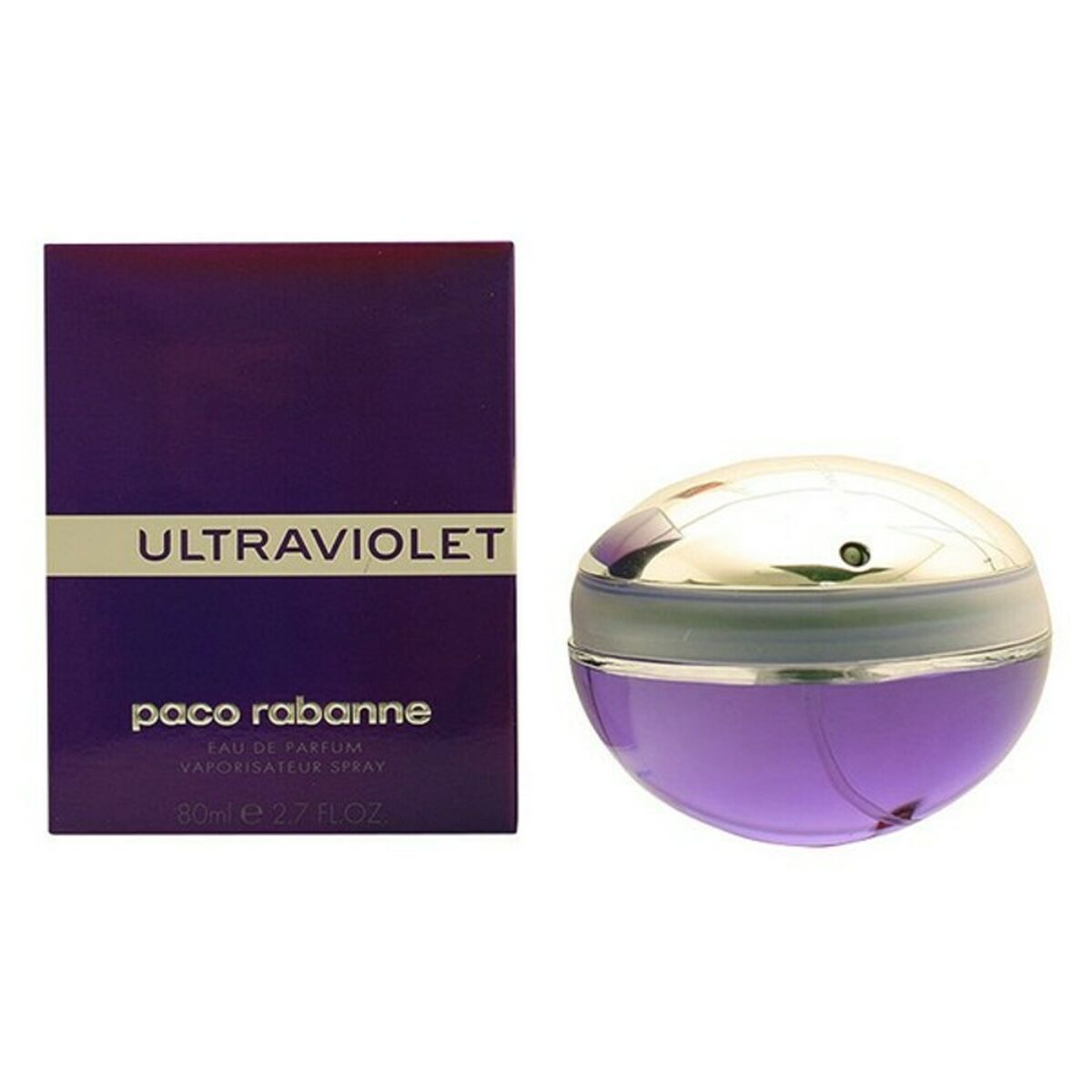 Paco Rabanne Ultraviolet EDP 80 ml perfume bottle with purple box, showcasing feminine fragrance and authentic design.