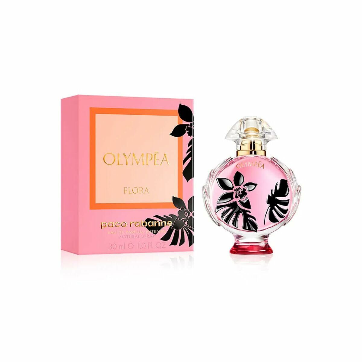 Parfum Femme Paco Rabanne Olympéa Flora EDP 30 ml avec son élégant flacon et emballage rose, créant une ambiance féminine.