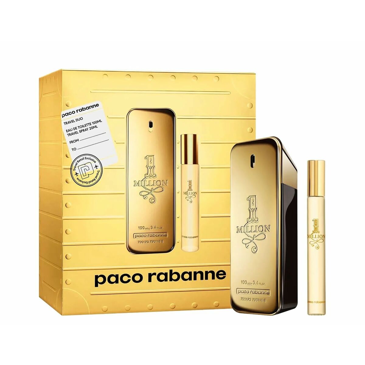 Set de Parfum Homme Paco Rabanne EDT, 1 Million fragrance, 100ml bottle and travel spray in luxurious gold packaging.