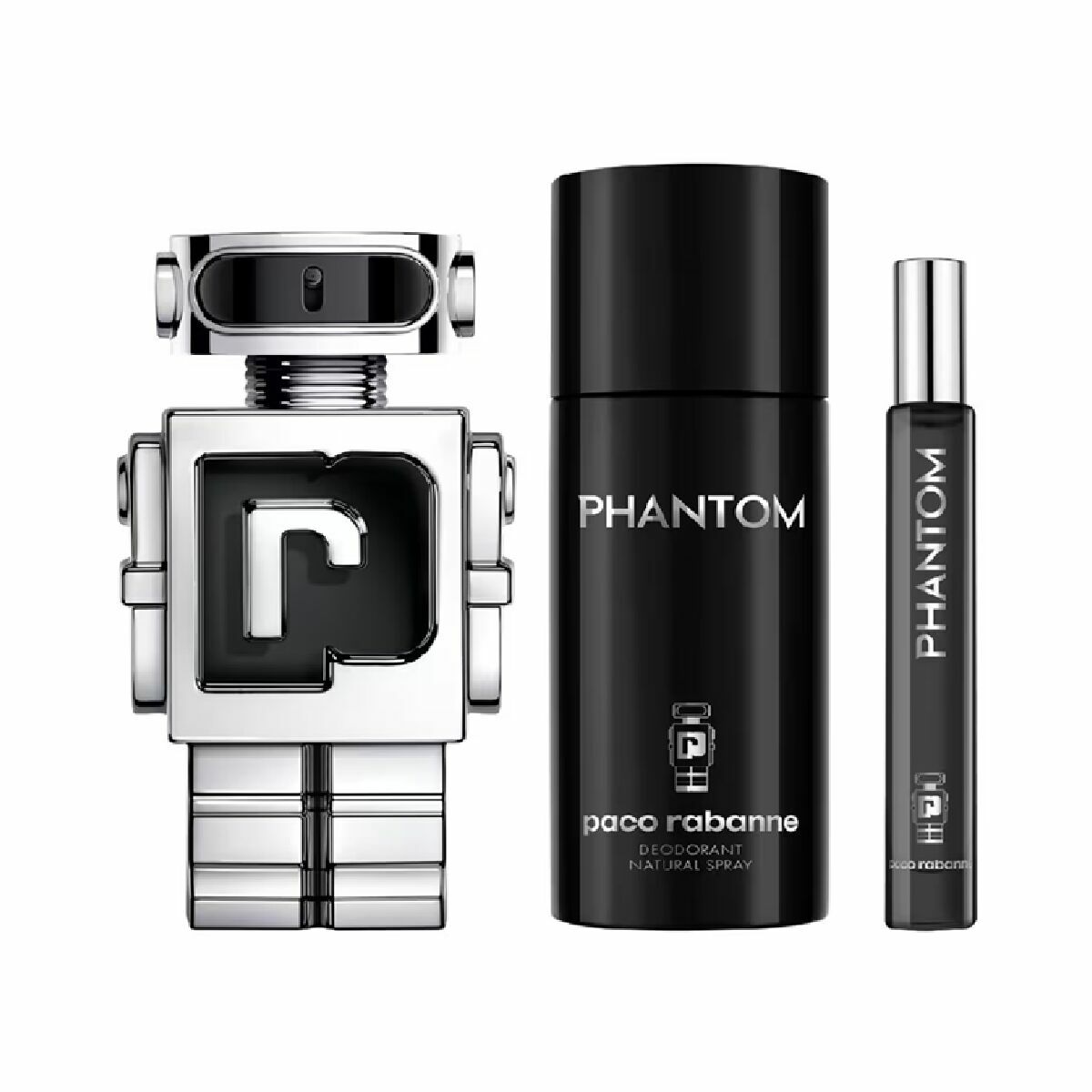 Paco Rabanne PHANTOM men's fragrance set featuring a unique robot-shaped bottle, deodorant, and spray.