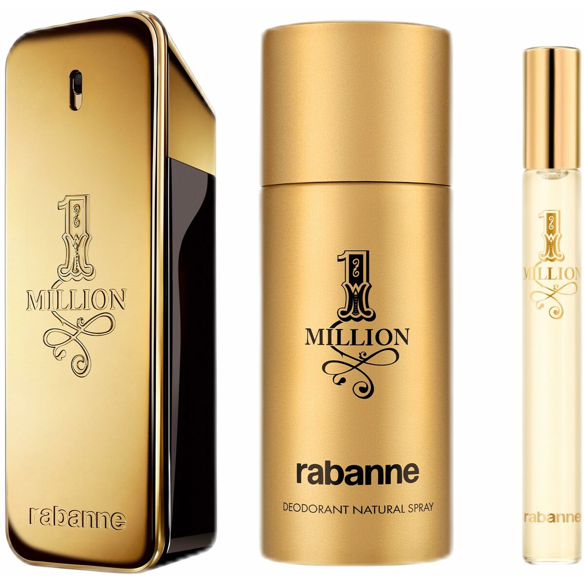 Set de Parfum Paco Rabanne 1 Million avec vaporisateur, déodorant et eau de parfum en flacon doré.