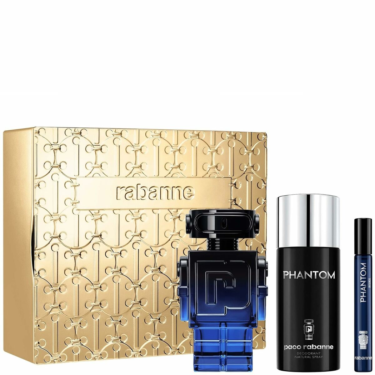 Set de Parfum Homme Paco Rabanne PHANTOM en emballage doré, incluant flacon et produits cosmétiques.