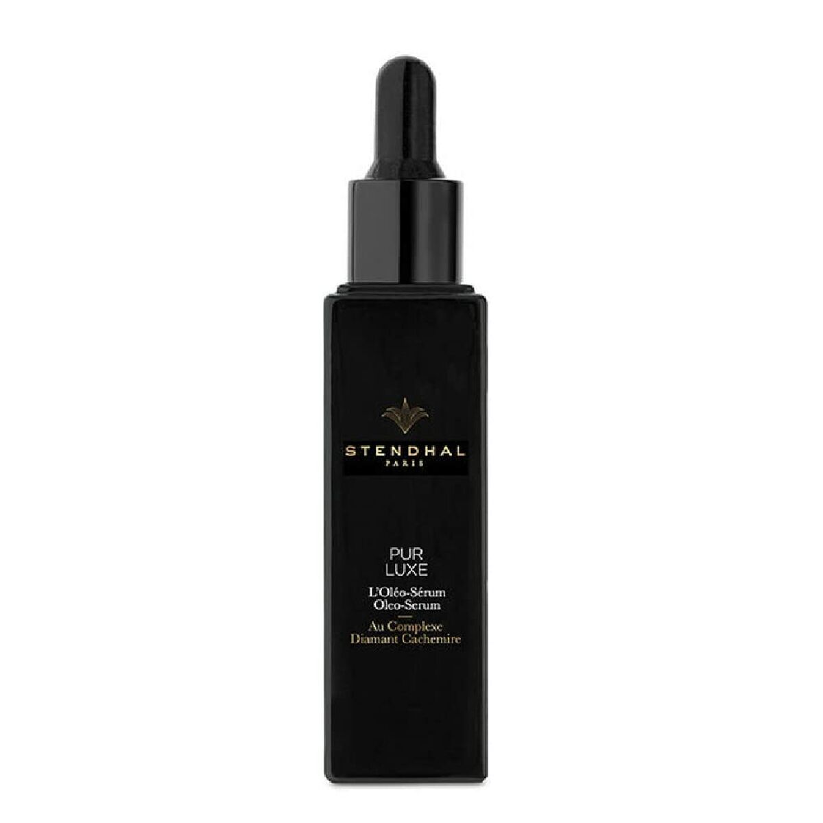 Sérum visage Stendhal Pur Luxe, flacon noir avec pipette, pour un soin anti-âge quotidien.
