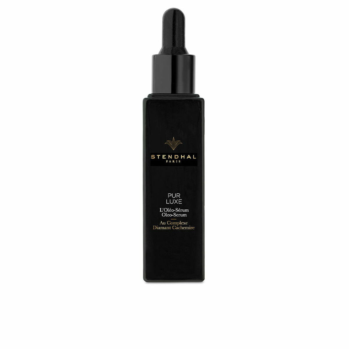 Sérum visage Stendhal, flacon luxe avec pipette, soin anti-âge pour une peau éclatante et hydratée.