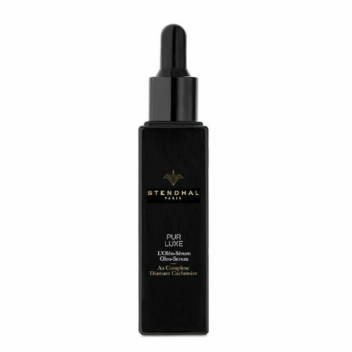 Sérum visage Stendhal Pur Luxe en flacon noir, anti-âge, pour soins esthétiques de qualité.