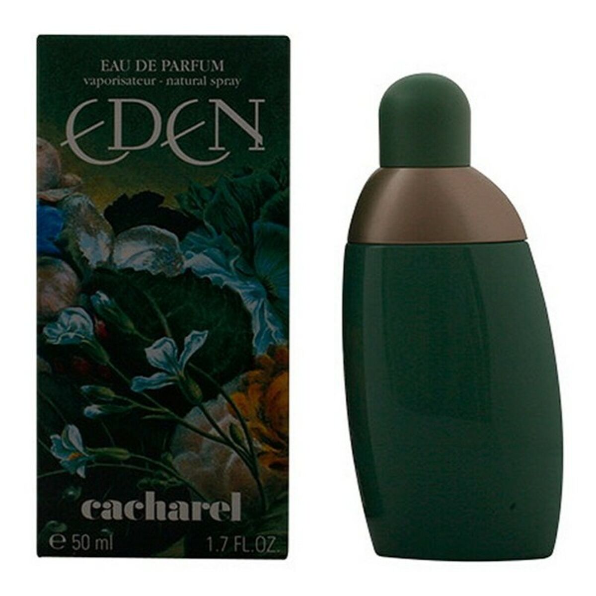 Cacharel Eden EDP Eau de Parfum bottle and packaging, 50 ml, natural spray for women.