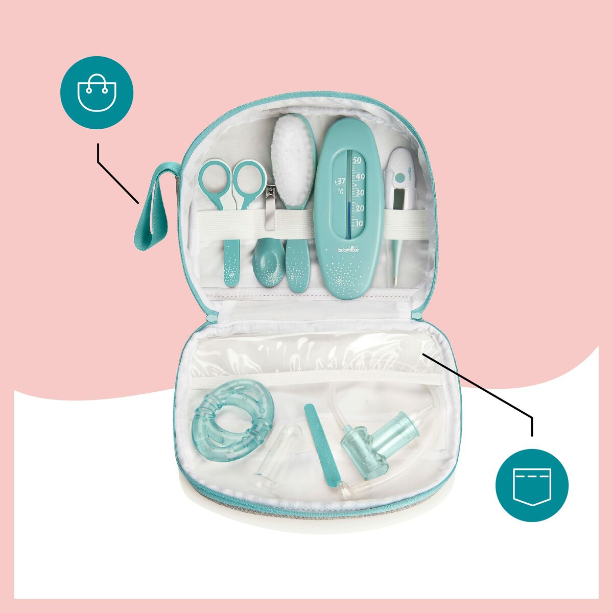 Kit de soin personnel avec outils en turquoise, incluant ciseaux, brosse et accessoires dans une trousse ouverte.