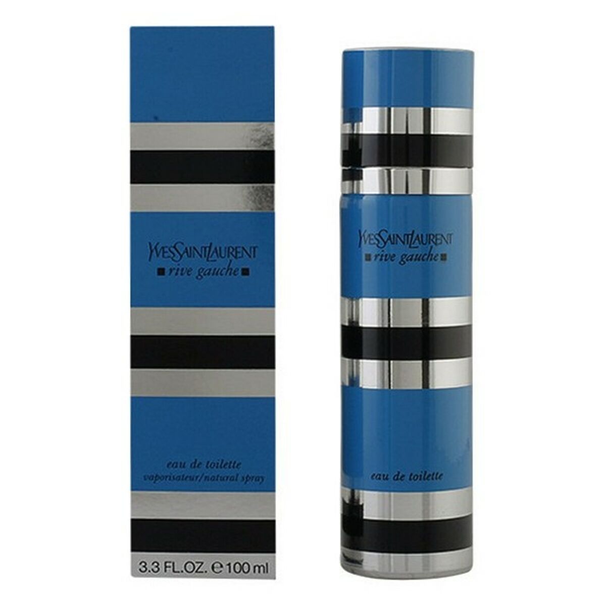 Yves Saint Laurent Rive Gauche Eau de Toilette 100 ml bottle and packaging with blue and silver stripes.
