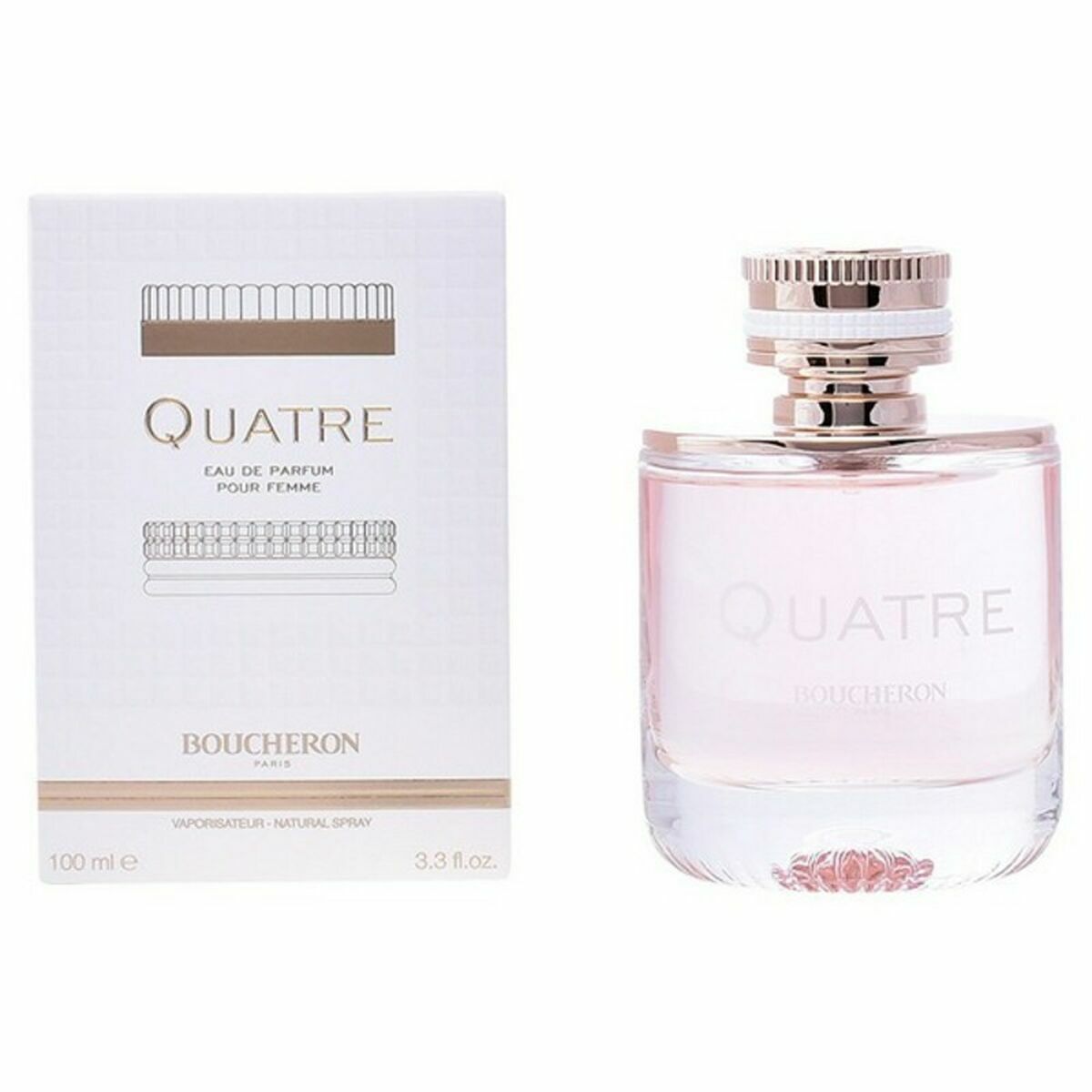 Boucheron Quatre pour Femme EDP 100 ml perfume bottle with box, showcasing its elegant design and feminine essence.