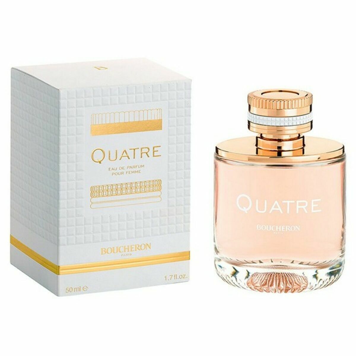 Parfum Femme Boucheron Quatre pour Femme EDP 100 ml avec bouteille élégante et boîte blanche.