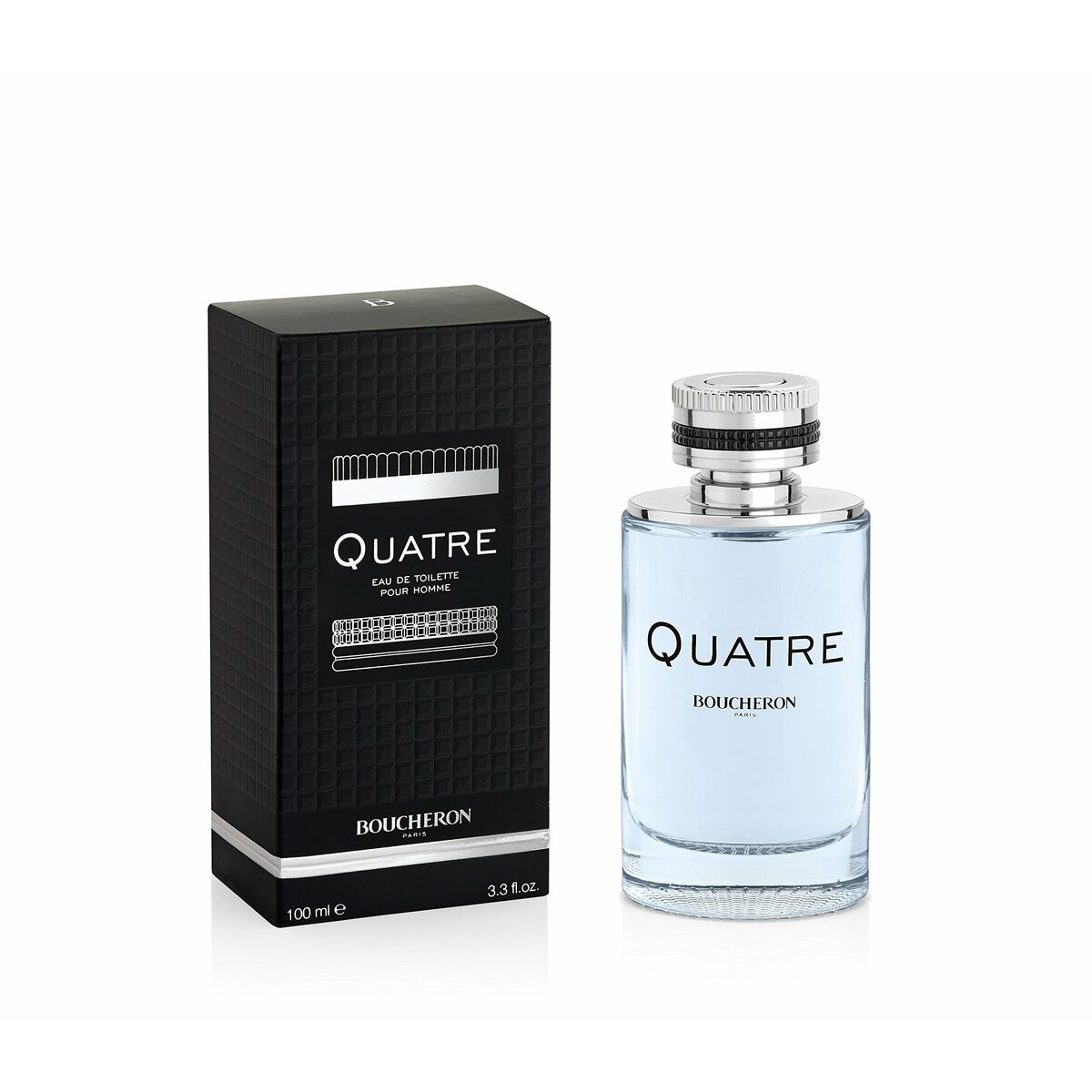 Boucheron Quatre Pour Homme EDT 100 ml bottle and packaging on a white background.